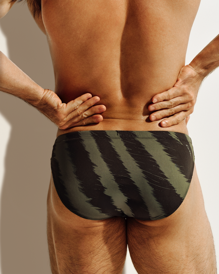 Reputation Signature Swim Brief 01 Zebra in olive green, back view